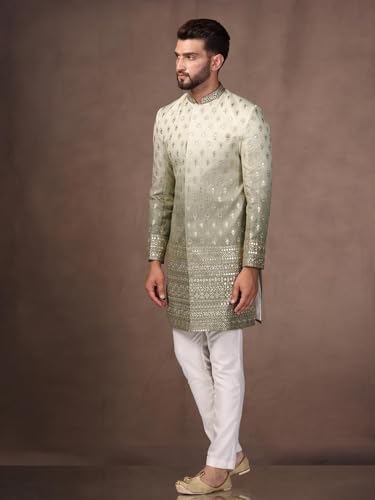Men's Indo Western Sherwani Trouser Set, Green Silk Blend, Embroidered Regular Fit Mandarin Collar Long Sleeves2