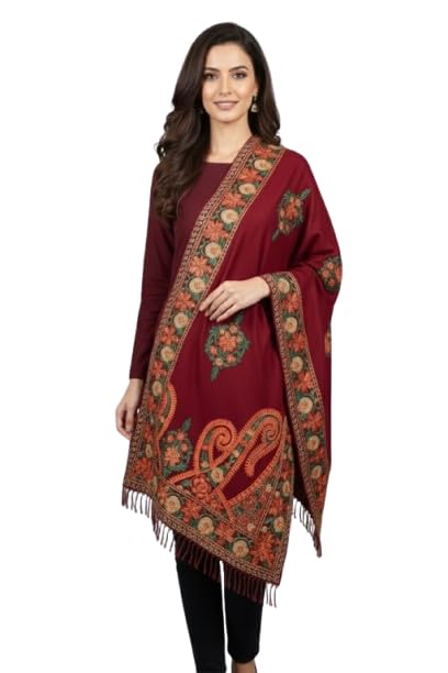 Maroon Pure Wool Embroidered Shawl for Women, Floral Paisley Design with Fringe-image-49