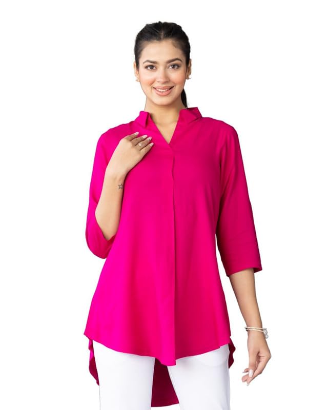 Image of Mlada Rayon Flare Top for Women | 3 /4th Sleeve Regular Fit and Flare Top | Women Office Tops Tunic | Western Long Shirt Top for Women | Shirt Collar Top for Women | Rayon Tunic Tops for Women Western