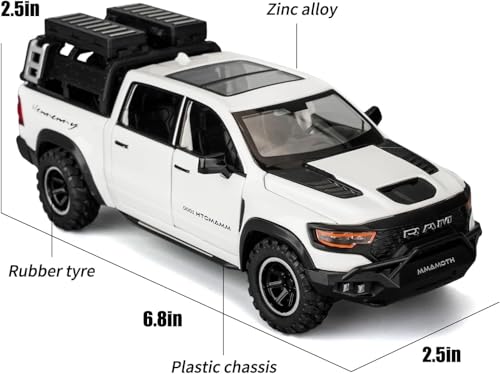 Image of 1 /32 Ram Pickup Truck Diecast Model Toy Car Metal Truck with Sound & Light Pull Back Friction Powered Toy Vehicle Openable Doors Collectible Gift for Kids & Boys (White)