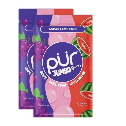 PUR Jumbo Gum | Aspartame Free Chewing Gum | 100% Xylitol | Natural Bubblegum, Grape, Watermelon Flavor, 20 Pieces (Pack of 2)