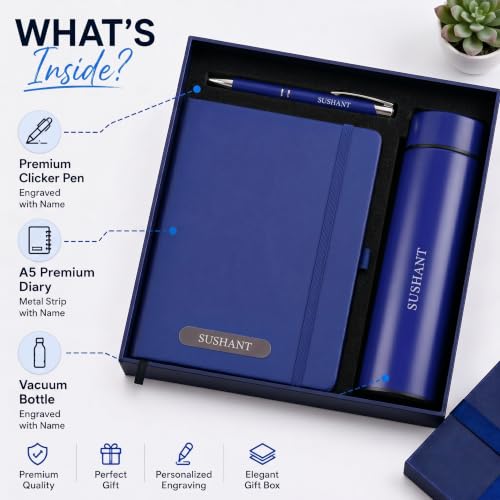 Image of Personalized Diary Gift Set with Bottle & Pen Blue | 3-in-1 | Custom name notebook, steel bottle and pen combo for employees, corporate gifting, office, men and women.
