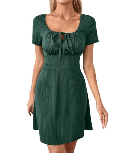 GORGLITTER Damen A-Linie Kleid Elegant Sommerkleid Rüschenbüste Kurzkleid Freizeitkleid mit Eckigem Ausschnitt Grün M