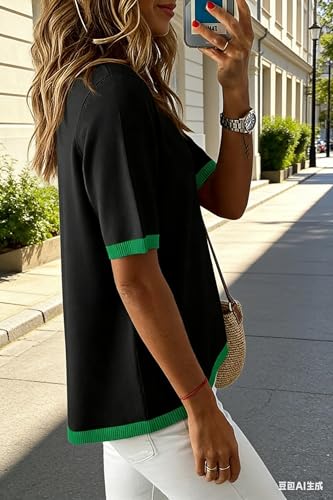 Image of Womens Short Sleeve Solid Color Block Crew Neck Sweater Shirt Lightweight Cotton Casual Summer Pullover Tops,Medium Black