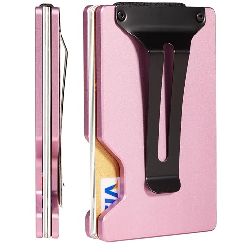 Image of Minimalist Wallet for Men, Slim Metal RFID Blocking Wallet Credit Card Holder Money Clip & Cash Strap, Scratch-Resistant Holds 15 Cards,Ideal Gift for Men | Matte Pink