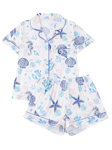 Women's 2 Piece Summer Ocean Print Pajama Sets Starfish Shell Sleepwear Short Sleeve Nightwear Soft Lounge Sets