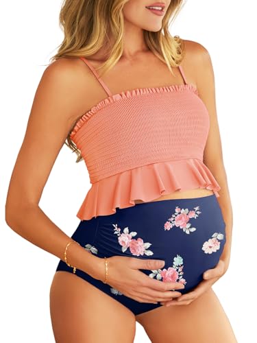 Summer Mae Maternity High Waist Swimsuit Ruffle Hem Bikini Bathing Suit Shirred Bandeau Two Piece Pregnancy Swimwear Orange Flower Large