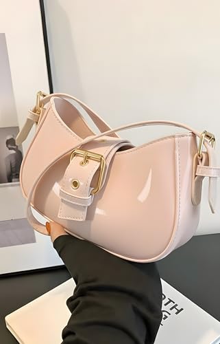 Image of Korean Style Leather Shoulder Bag with Buckle Glossy Finish Crossbody Purse for Daily Use Travel & Shopping Phone Purse with Adjustable Strap Lightweight Trendy Bag for Girls