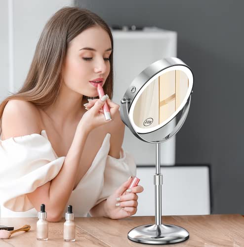 Gospire Lighted Makeup Mirror With Magnification 10X, 3 Color Dimmable Lights & Height Adjustable 7" Cosmetic Mirror, 360° Swivel Double Sided Rechargeable Led Vanity Mirror Cordless Standing Mirror #TOP5