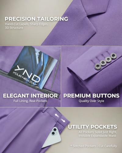 Image of YND Men's 3 Piece Suit with Tie, Solid Color Slim Fit Jacket Vest and Pants