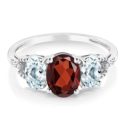 Gem Stone King 10K White Gold Red Garnet Sky Blue Aquamarine and Diamond Accent 3-Stone Engagement Ring | 2.11 Cttw, | 3 Stone Wedding Anniversary Promise Ring For Women3
