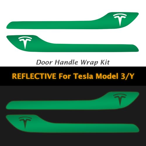 Image of IPG Compatible for Model 3 / Model Y /Juniper Door Handle Decal Sticker Wrap Kit (Set of 4) with Tesla Logo Personalize Your Tesla (Reflective Series - Green)