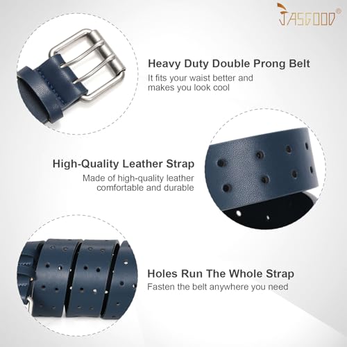 Image of JASGOOD Men Double Prong PU Leather Belt Casual Work Heavy Duty Belt Double Grommet Holes Belt for Jeans