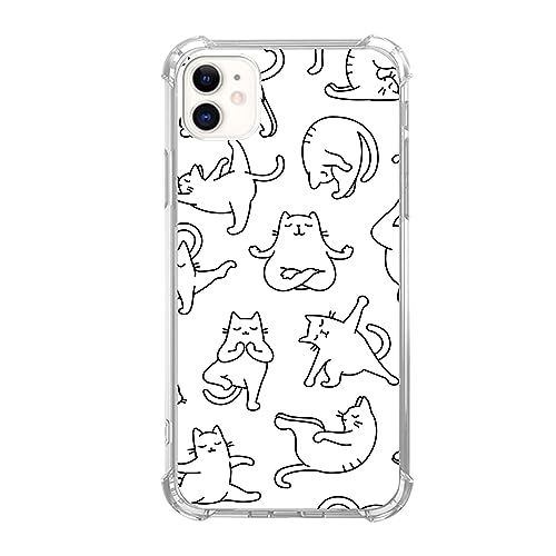 Yawheg Custodia per telefono con gatti yoga carina compatibile con iPhone 11, Line Art Cute Animal Pet Cover per adolescenti, donne uomini, custodia sottile in gomma TPU morbida flessibile per iPhone