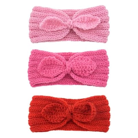Fmeida 3 Pack Baby Christmas Valentine Headband, Warm Bunny Knot Hair Band, Knit Head Wrap Elastics Hairbands, Hair Accessories for Baby Girls Infant Toddlers Kids Children | Peach Pink Red Cover