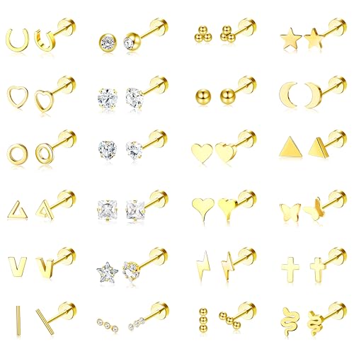 Sanfenly Flat Back Stud Earrings for Women Men Hypoallergenic 14K Gold Plated Surgical Stainless Steel Tiny Small Screw Back Stud Earring Sets Dainty 20g Cartilage Earring Pack Helix Piercing Jewelry