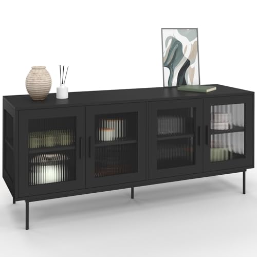 IDMarket - Aparador de 140 cm ZINEB con 4 puertas de cristal, frontal estriado, color negro