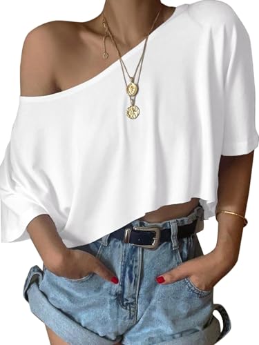 SOFIA'S CHOICE Off The Shoulder Tops for Women Crop Top Loose Boat Neck Short Sleeve T Shirt White X-Large