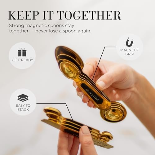 Gold Magnetic Measuring Spoons with Leveler - Featuring 8-Piece Upgraded Style, Dual-Sided, Stackable, Stainless Steel Gold Measuring Spoons Set - Fits in Spice Jars, Luxury Kitchen Accessories - Thumbnail 5