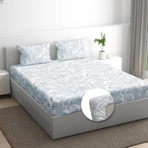 Image of Wakefit Cotton Fitted Bedsheet | 200 TC Elastic Fitted Sheet, Queen Bed Bedsheet with 2 Pillow Covers | Paisley - 75X60 Inches,Assorted
