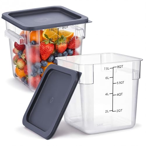 Image of Suclain 2 Pcs Square Food Storage Container Polycarbonate Clear Food Container with Gray Lid Commercial Rice Storage with Gray Graduations for Commercial Kitchen(8 Qt)