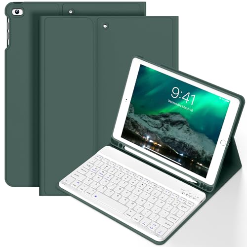BQDIYOO Keyboard Case for iPad 6th / 5th Generation (2018 2017 Model), 9.7 inch Keyboard Case for iPad Air 2/Air with Pencil Holder, Auto Wake Sleep, Dark Green