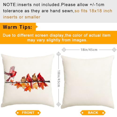 Image of Fall Pillow Covers 18x18 Inch Cardinal Birds Home Decor | Cardinal Birds Maple Leaves, Decorative Autumn Thanksgiving Harvest, Lumbar Cushion Case, For Home Sofa Couch