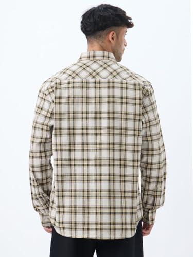 Image of The Souled Store: Blue Sails Men and Boys Long Sleeve Collared Neck Button Front Blue and Cream Checked Embroidered Regular Fit Cotton Linen Shirt