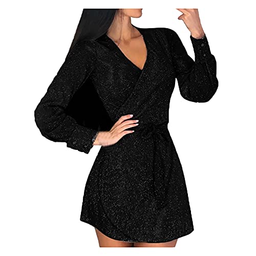 CTEEGC Womens Sexy Long Sleeve Sequin Glitters Bodycon Mini Cocktail Party Club Tassel Dress V Neck Slim Dresses Black