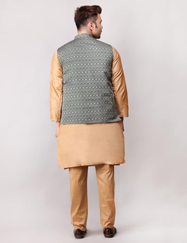 Image of Men's Cotton Silk Blend Regular Kurta Pyjama, Embroidered Nehru Jacket /Waistcoat Set