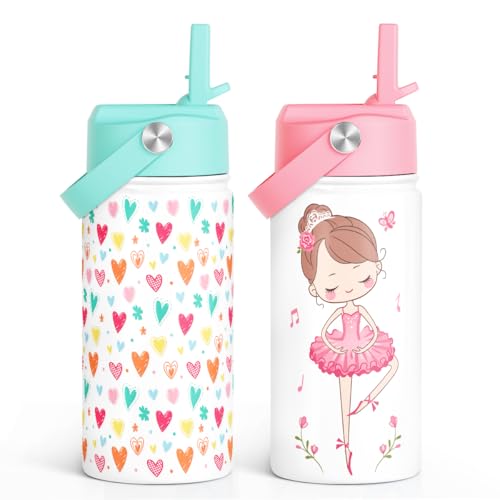 Image of SANDJEST Kid Water Bottle 12oz with Straw Lid - 2-Pack Insulated Stainless Steel Water Bottles for Kids Girls - Travel Cup for Back to School Sports Christmas Birthday (Ballerina & Heart)