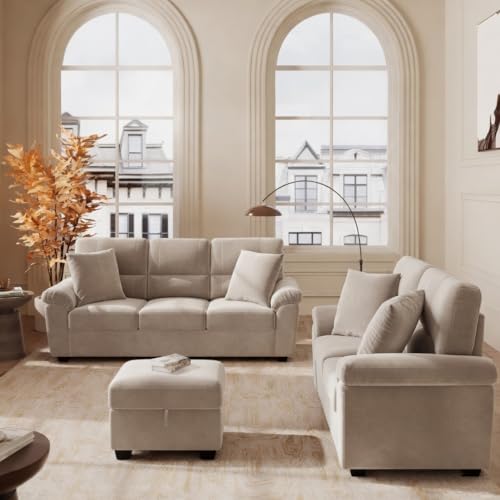 Image of Anderson Sofa Set for Living Room | Sectional Sofas | Premium Leather Sofa for Home Office | Leather Sofa Set | Leatherette Sofa (Beige Fabric, 3+2 Seater with Ottoman)