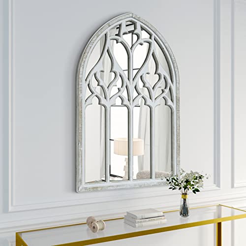 Thcisl Arched Window Mirror, Decor Wall Mirror Like Window, Farmhouse Window Mirror For Living Room, Entryway, Bedroom, 38"X26" Wood Framed Mirror (White) #TOP14