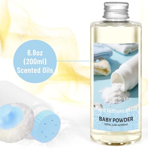 Image of STRN Reed Diffuser Refill, Baby Powder Scented Reed Diffuser Set, 200ml with Sticks, Long-Lasting Aromatherapy, Summer Fragrance for Bedroom, Spa, Bathroom, Office