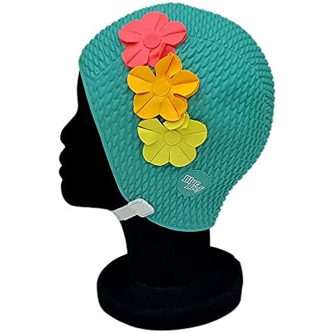 Blue Reef Paris Bubble Single Colour Floral Ladies Classic Retro 3 Flower Tropical Row 3D Petal 3 Colour Stylish Vintage Swimming Hat Swim Cap One Size Adults With Adjustable Strap (Green) Cover