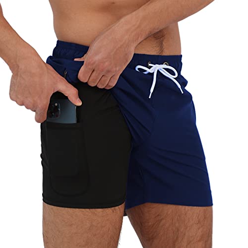 Arcweg Men's Swim Trunks Shorts with Compression Liner 2 in 1 Quick Dry Swimming Shorts with Boxer Brief Lined Surfing Stretchy Beach Shorts with Zipper Pockets Navy Blue M(UK)