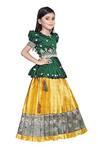 Image of FELIZ THE DESIGNER STUDIO Kids Green Pattu Pavadai Lehenga Choli for Girls (4-5 Years)