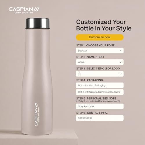 Image of CASPIAN / / / Aqua Customised Stainless Steel Water Bottle 1L,Beige with Logo Print - Personalised Water Bottle with Your Name Print for Kids Boys Girls School Office Gym- Perfect for Corporate Gifting
