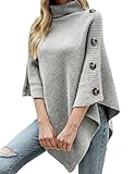 Ferand Women's Turtleneck Button Detail Poncho High Neck Asymmetrical Pullover Sweater for Fall Winter Outfits,Light Grey