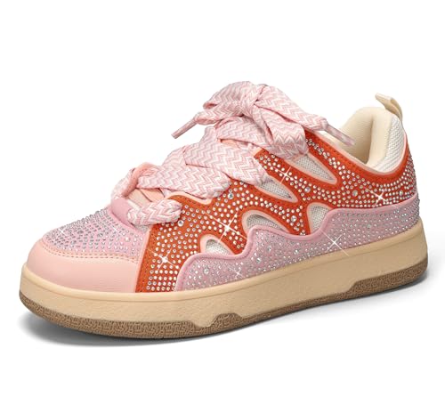 Image of LUCKY STEP Women Sparkle Rhinestone Fashion Sneakers | Walking Tennis Bling Glitter Shoes Platform Lace up Casual Mesh Sneaker