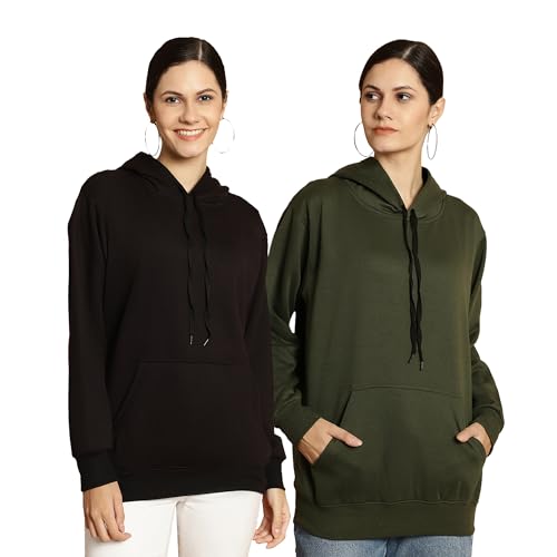 Image of Mack Jonney Solid Hooded Cotton Fleece Sweatshirt for Women (Pack of 2)-MACK50923