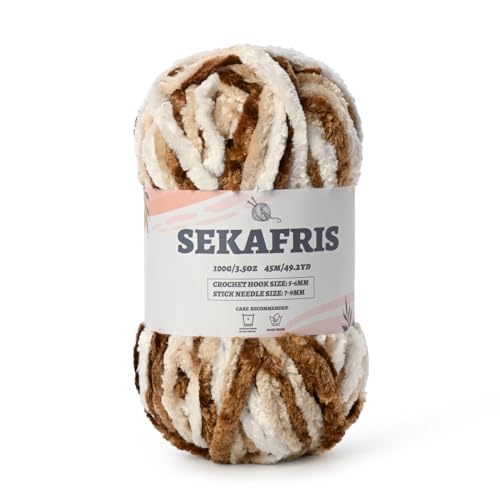 Image of Fuzzy Chunky Chenille Yarn for Crocheting,Soft Plush Yarns for Hand Knitting,Bulky 100 g(49.2 yd) Baby Blanket Yarn for Crocheting Amigurumi,Crochet Fluffy Velvet Yarns (White Coffee)