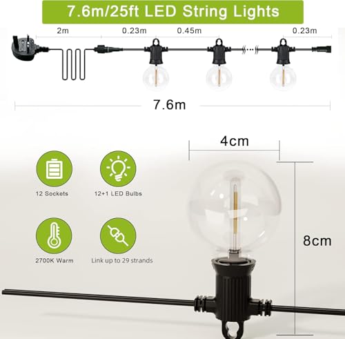 Kawaya Outdoor String Lights Mains Powered 25ft 7.6m Dimmable LED String Lighting Waterproof IP65 Garden Festoon Lights Fairy Lights Soft White 12+1 Bulbs for Outside Gazebo Backyard Balcony Party
