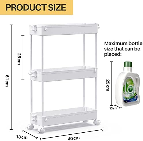 SPACEKEEPER Storage Trolley 3-Tier Slim Storage Cart Slide Out Rolling Utility Cart Mobile Shelving Unit Trolley Organizer Cart for Kitchen Bathroom Laundry Office, Plastic & Stainless Steel, White