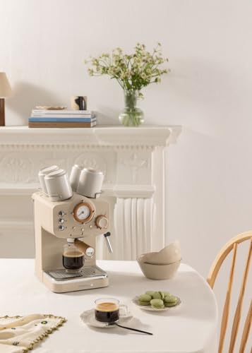 Miniatura 6 de CREATE / THERA RETRO/Cafetera Express Semiautomática arena mate y madera / 20 bares, brazo doble salida, depósito 1,25L, café molido y monodosis ESE 55mm, con vaporizador, 1100W
