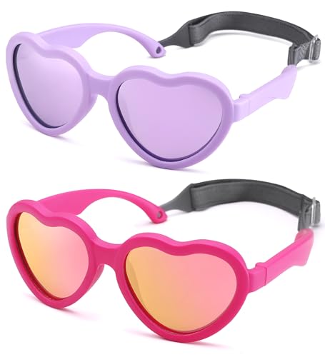 Image of Flexible Heart Shaped Baby Polarized Sunglasses with Strap Adjustable Toddler & Infant Age 0-24 Months