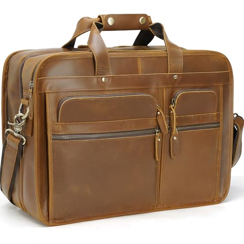 TIDING Laptoptasche 17 Zoll Herren Leder Aktentasche Business-Tasche Schultertasche Große Ledertasche zum Umhängen Trolley Aufsteckbar Tote Umhängetasche, Hellbraun