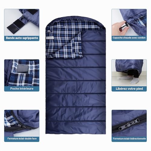 Sac de couchage pour camping et randonnée, doublure flanelle coton adulte léger