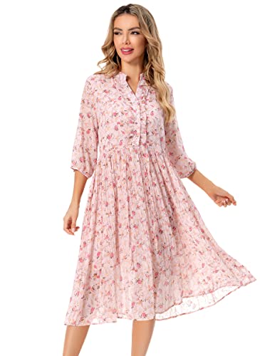 Shineflow Women's Short Sleeve V-Neck 3/4 Sleeve Button Up Chiffon Floral Pleated Midi Swing Dress with Belt3