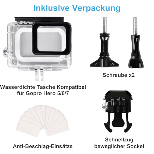 REDTRON wasserdichte Gehäuse für GoPro Hero 5/6/7, 60M Wasserresistente Tauchen Schutzhülle Gehäuse mit Schnellmontage Klammer & 12 Anti-Fog-Einsätze Zubehör für Gopro Hero 5/6/7 Action Camera
